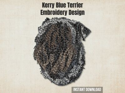 An embroidered Kerry Blue Terrier dog head, displayed on a textured beige background with promo text overlays.