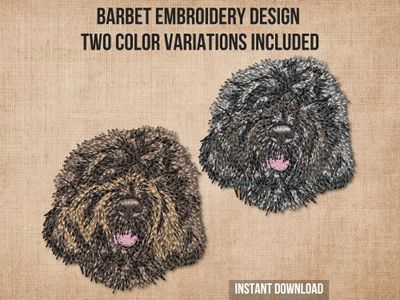 Embroidery of a Barbet dog with curly brown fur, detailed stitching, and two color variations available on light fabric.