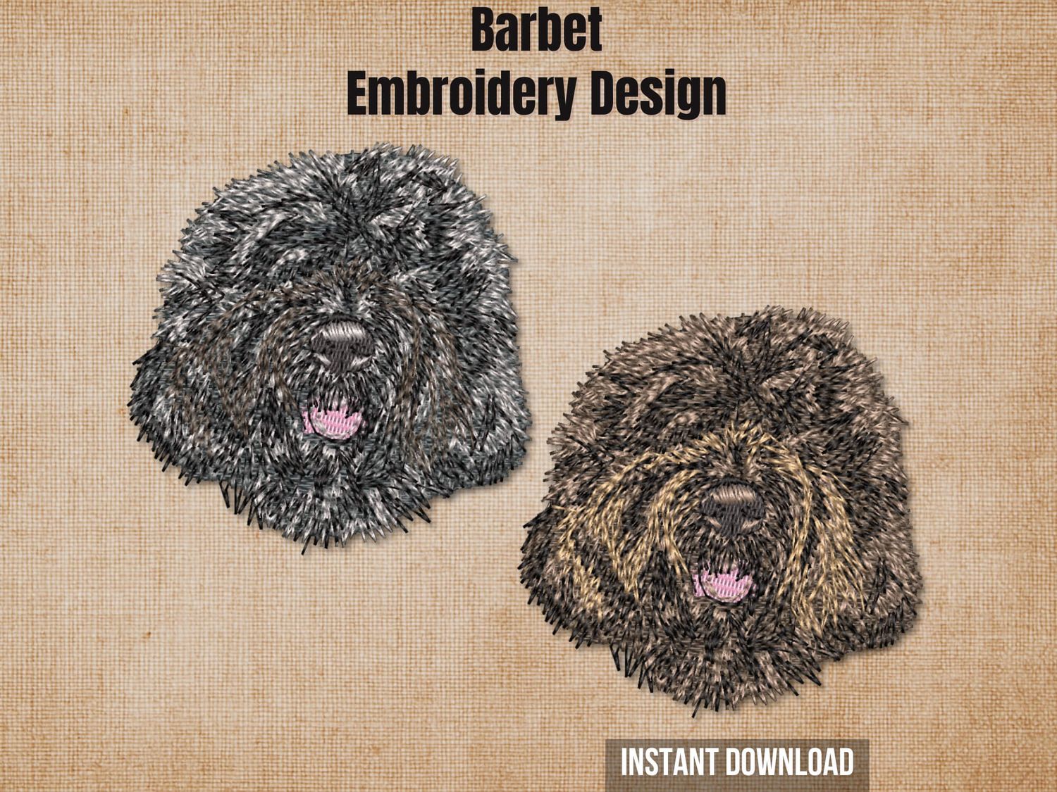 Burlap background highlighting the two color variations of the Barbet machine embroidery design with an instant download tag