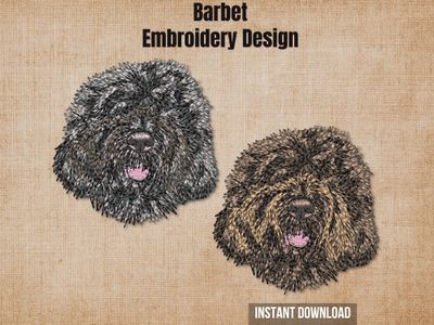 Burlap background highlighting the two color variations of the Barbet machine embroidery design with an instant download tag