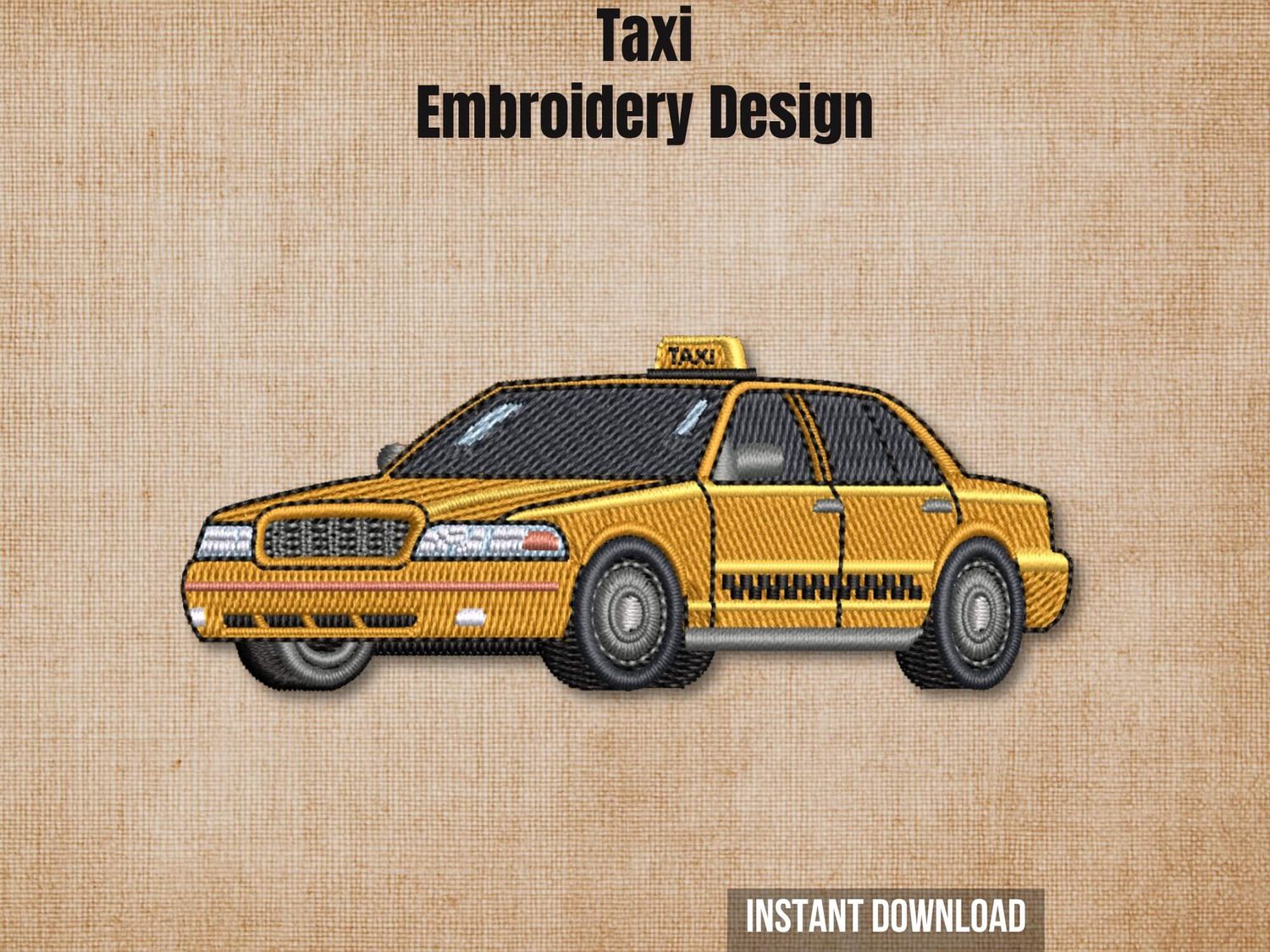 Digital render of a yellow taxi cab embroidery design on textured fabric, with text "Taxi Embroidery Design Instant Download"