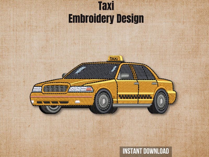 Digital render of a yellow taxi cab embroidery design on textured fabric, with text "Taxi Embroidery Design Instant Download"