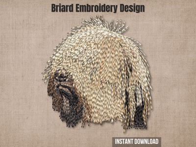 An embroidered Briard dog head, displayed on a textured beige background with promotional text overlays.