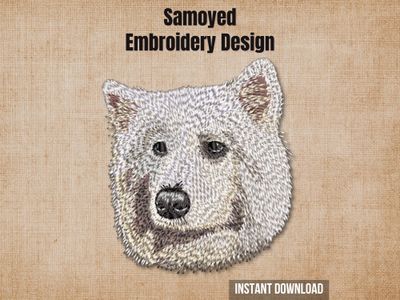 Samoyed dog embroidery design mockup on a textured beige background with "Instant Download" text.