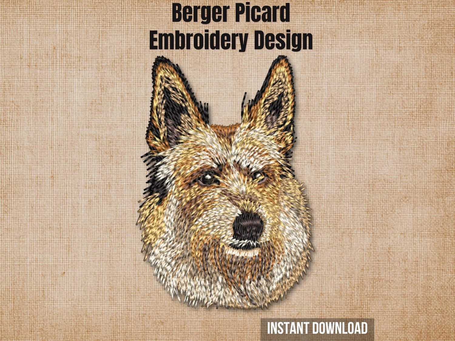 Digital render of a Berger Picard embroidery design on textured fabric, with text "Berger Picard Embroidery Design".