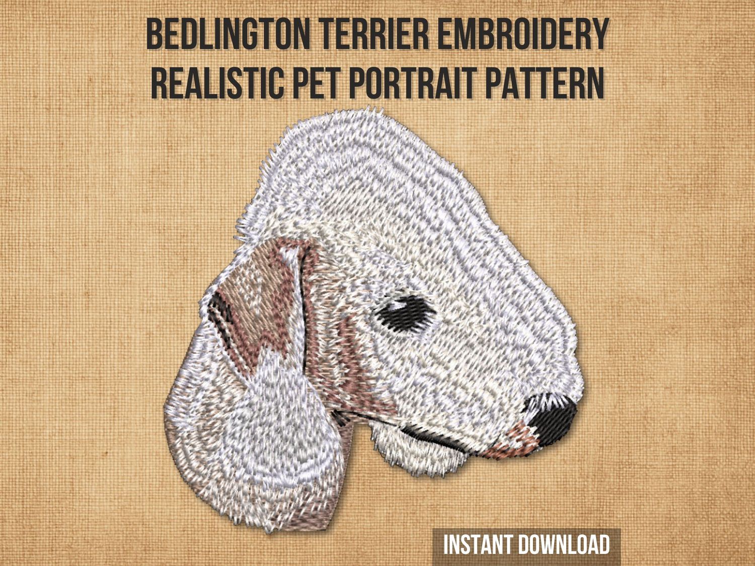 Embroidery of a Bedlington Terrier dog head in white and tan thread with detailed stitching on a light fabric background.
