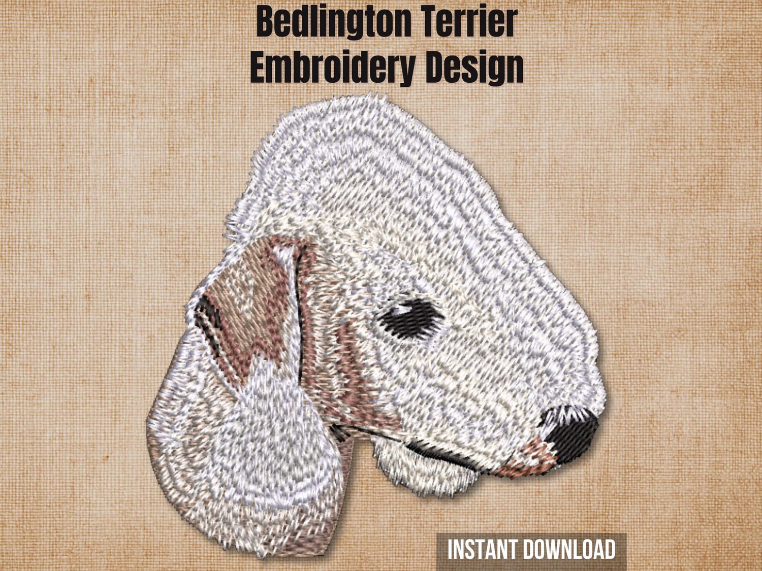 Textured burlap background highlighting the Bedlington Terrier machine embroidery design with an instant download badge