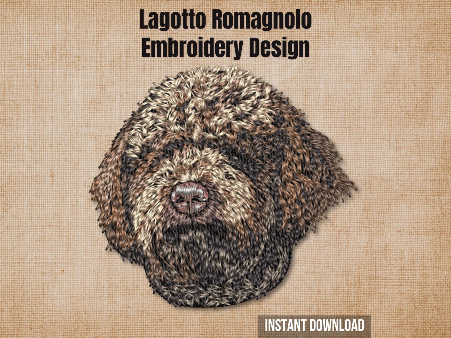 Lagotto Romagnolo embroidery mockup on a beige linen background with "Instant Download" text.
