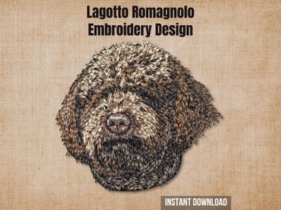 Lagotto Romagnolo embroidery mockup on a beige linen background with "Instant Download" text.