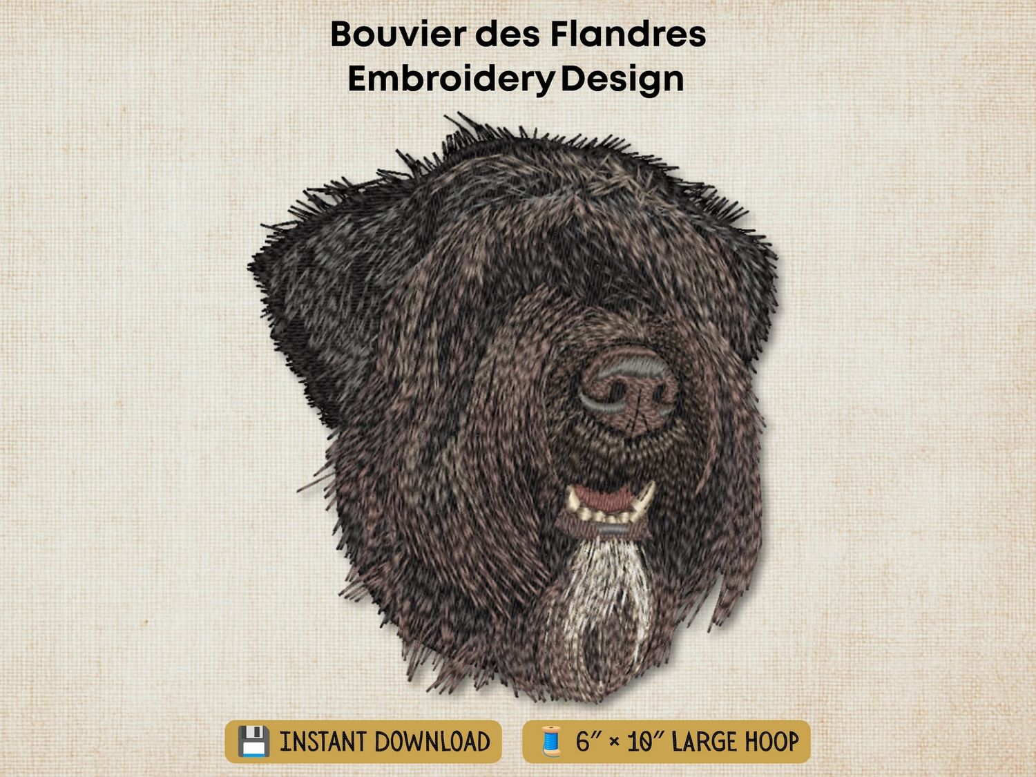 Bouvier des Flandres embroidery mockup on a beige linen background with "6x10 Large Hoop" text.