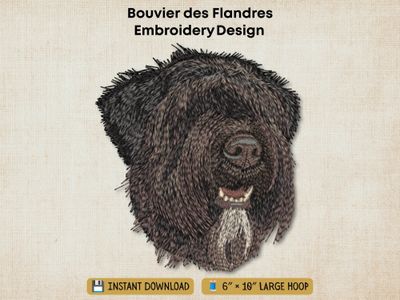 Bouvier des Flandres embroidery mockup on a beige linen background with "6x10 Large Hoop" text.