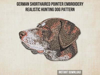 Embroidery of a German Shorthaired Pointer dog head in brown and white tones with detailed fur texture on a light fabric.