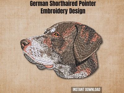 Digital render of a GSP embroidery design on textured fabric. Text: German Shorthaired Pointer Embroidery Design.