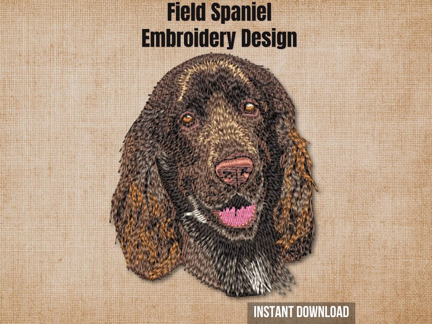 Digital render of a Field Spaniel embroidery design on textured fabric, with text "Instant Download".