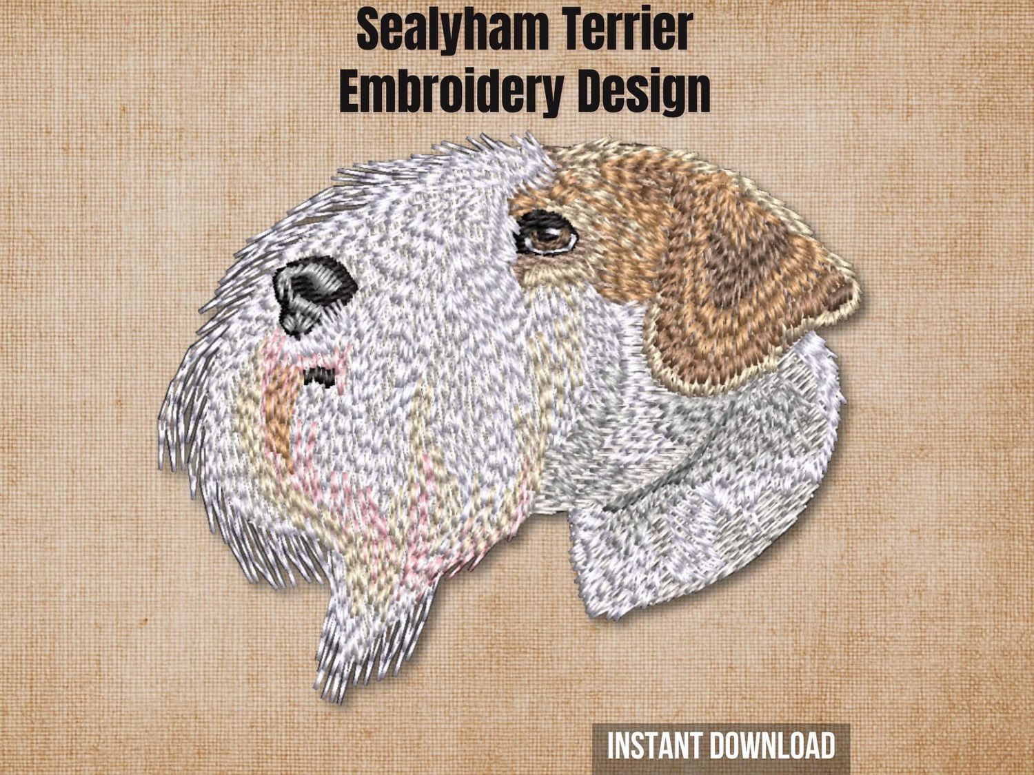 Digital render of a Sealyham Terrier embroidery on fabric, text "Sealyham Terrier Embroidery Design Instant Download".