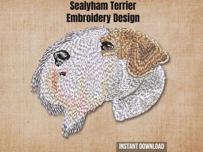 Digital render of a Sealyham Terrier embroidery on fabric, text "Sealyham Terrier Embroidery Design Instant Download".