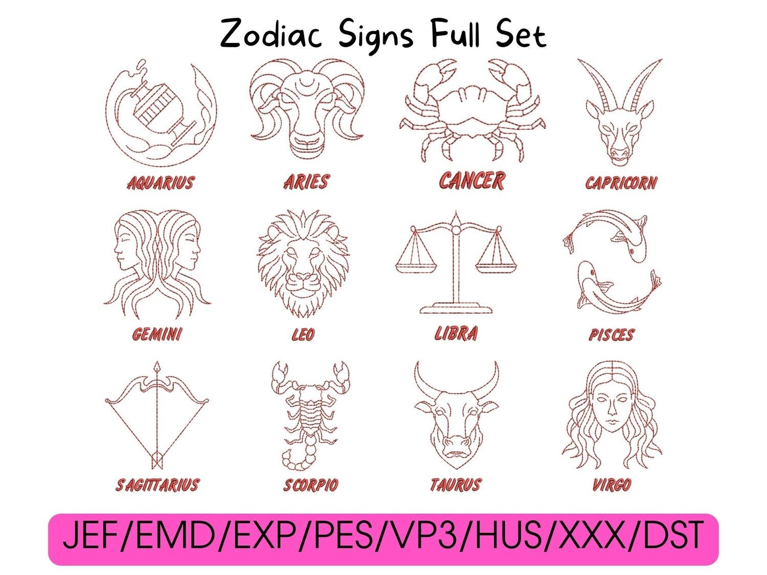 Twelve red line-art zodiac designs arranged in a grid, with compatible digital embroidery file formats listed below.