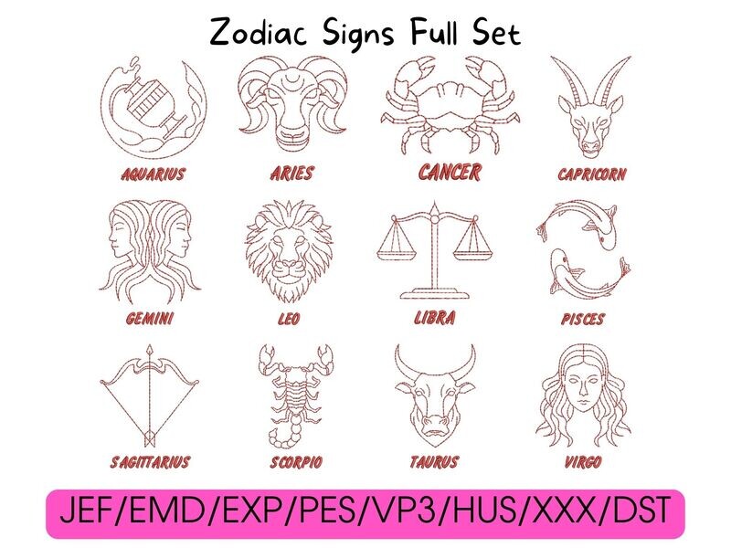 Twelve red line-art zodiac designs arranged in a grid, with compatible digital embroidery file formats listed below.