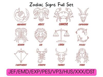 Twelve red line-art zodiac designs arranged in a grid, with compatible digital embroidery file formats listed below.