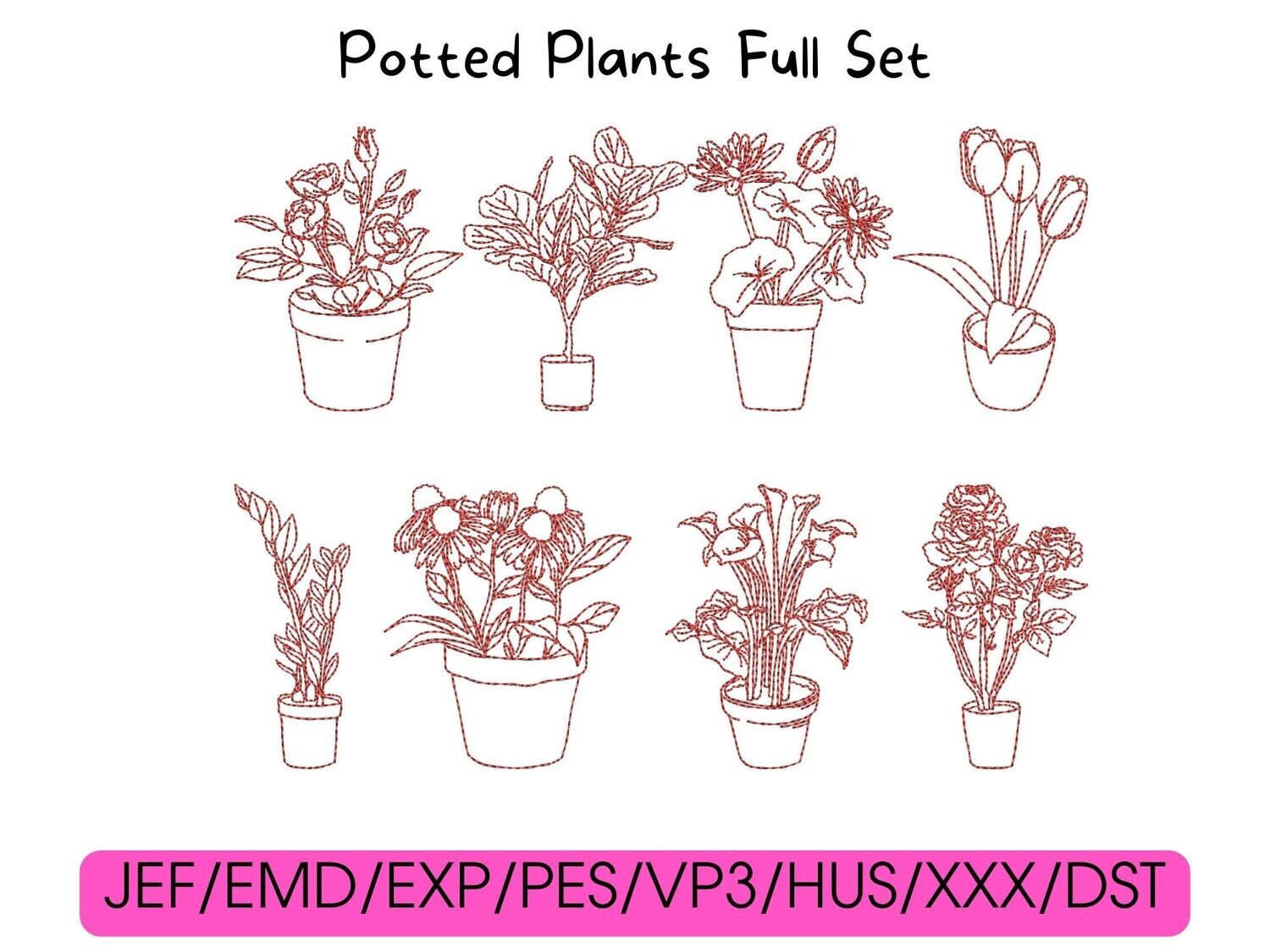 Red outline graphic of eight potted plants labeled "Potted Plants Full Set" above a pink file format list.
