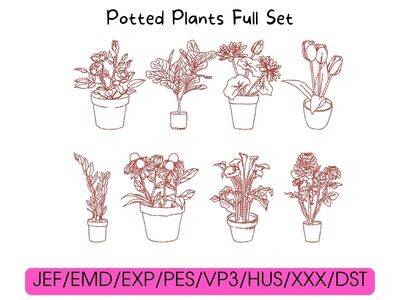 Red outline graphic of eight potted plants labeled "Potted Plants Full Set" above a pink file format list.