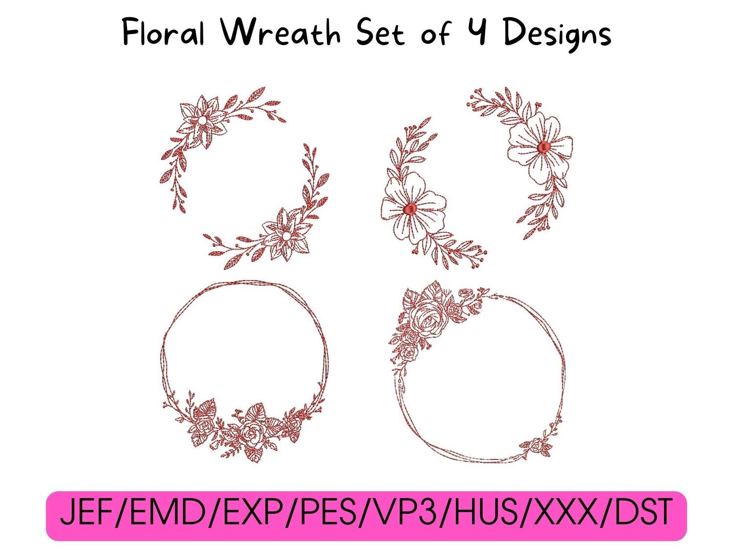 Four red floral wreath designs arranged in a grid, with compatible digital file formats listed at the bottom.