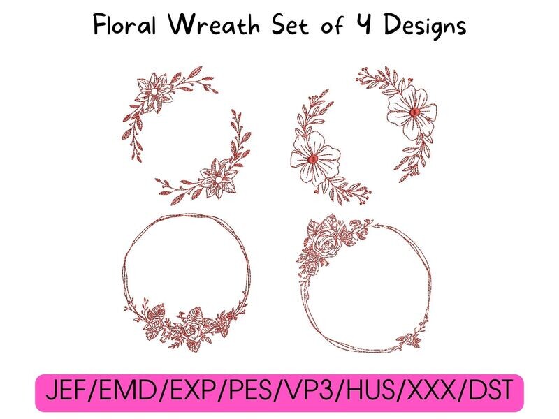 Four red floral wreath designs arranged in a grid, with compatible digital file formats listed at the bottom.