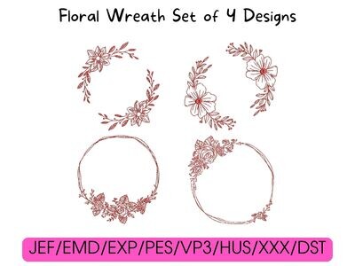 Four red floral wreath designs arranged in a grid, with compatible digital file formats listed at the bottom.