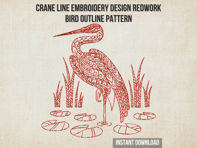 Red line embroidery of a crane standing in water with lily pads and reeds, detailed swirl and feather patterns.