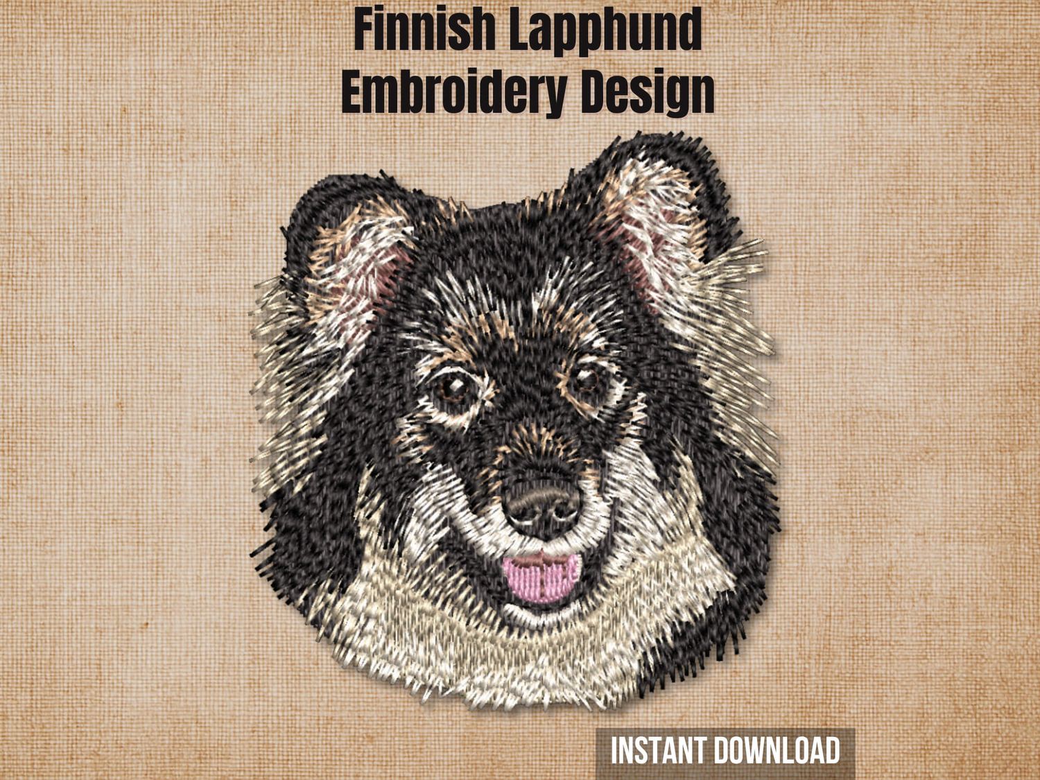 Digital render of a Finnish Lapphund embroidery design on textured fabric, with text "Finnish Lapphund Embroidery Design".