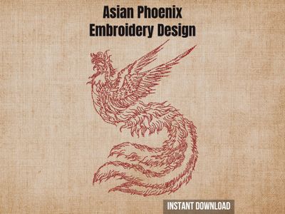Red outline Asian phoenix embroidery mockup on a beige linen background with "Instant Download" text.