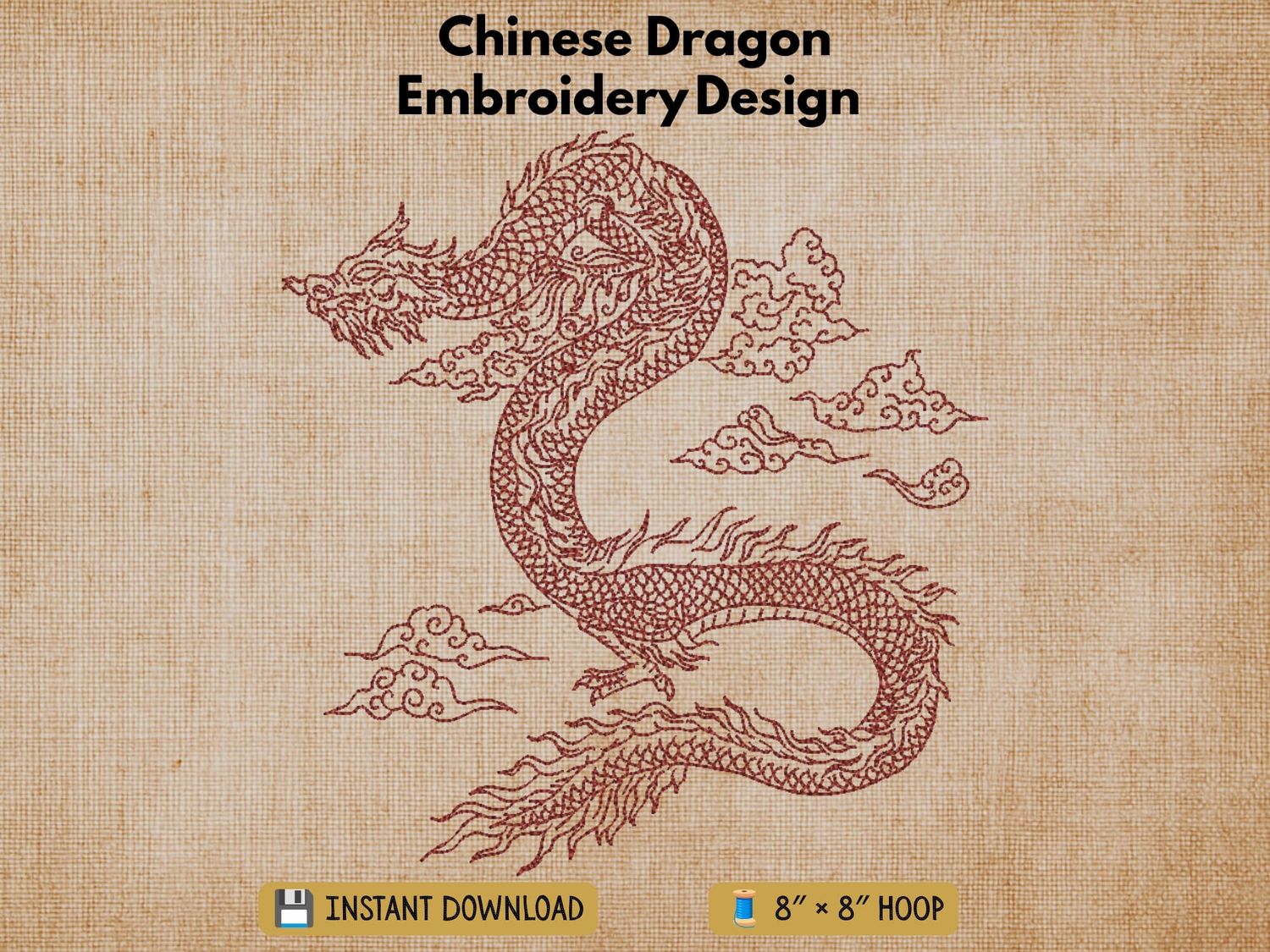 Digital render of a red Chinese dragon redwork embroidery design with text.
