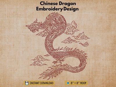 Digital render of a red Chinese dragon redwork embroidery design with text.