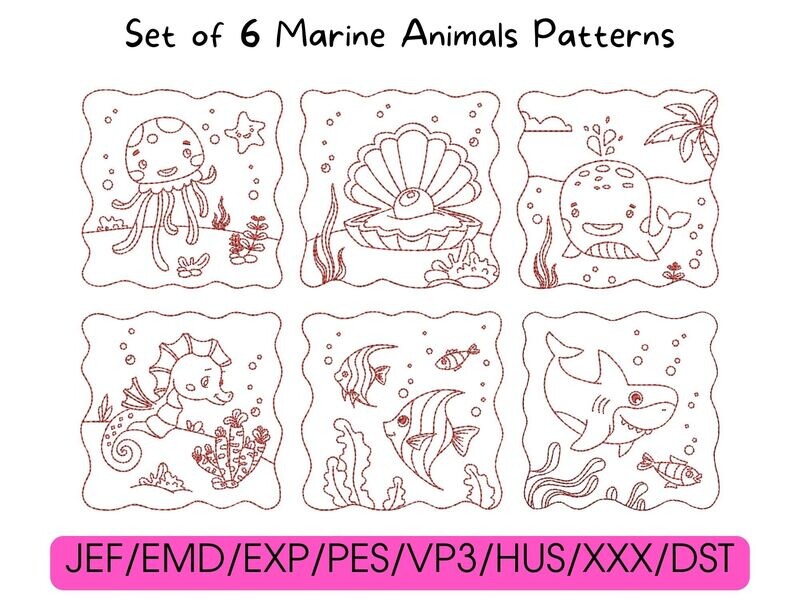 Six red cartoon marine life designs arranged in a grid above compatible digital embroidery file formats.
