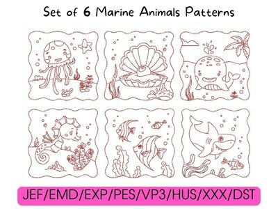 Six red cartoon marine life designs arranged in a grid above compatible digital embroidery file formats.