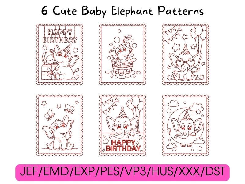 Six red cartoon baby elephant designs arranged in a grid above compatible digital embroidery file formats.