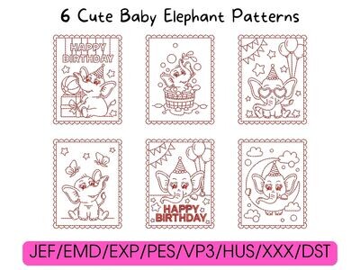 Six red cartoon baby elephant designs arranged in a grid above compatible digital embroidery file formats.