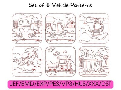 Six red cartoon vehicle designs arranged in a grid above compatible digital embroidery file formats.