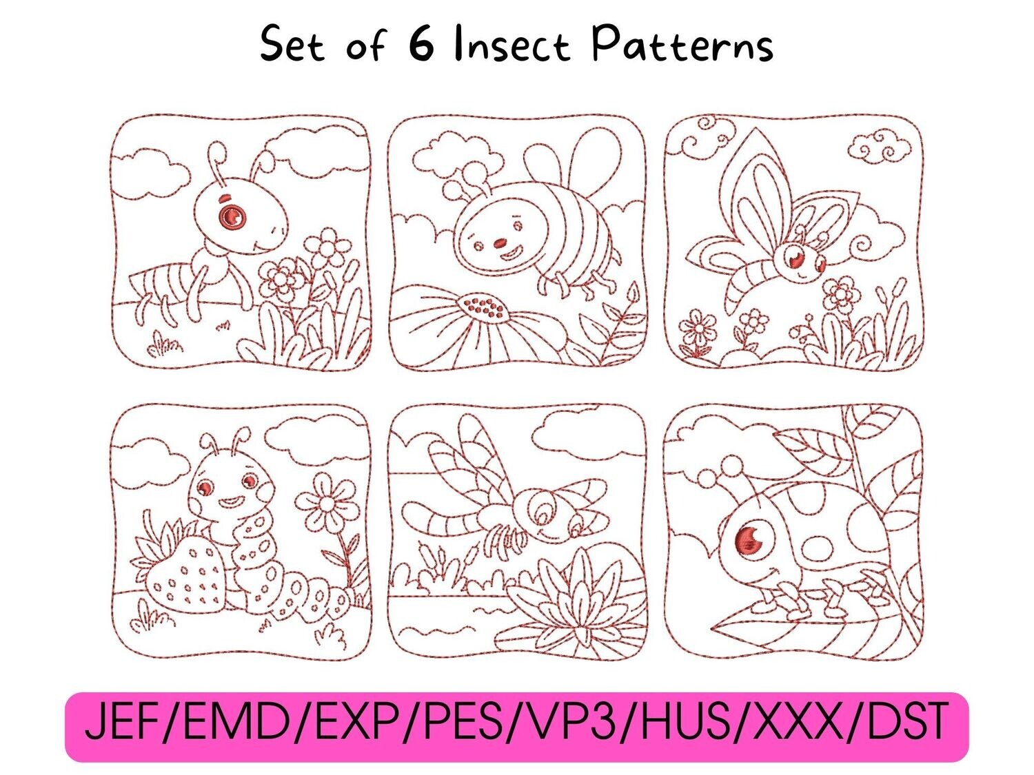 Six red cartoon insect designs arranged in a grid pattern above a list of digital embroidery file formats.