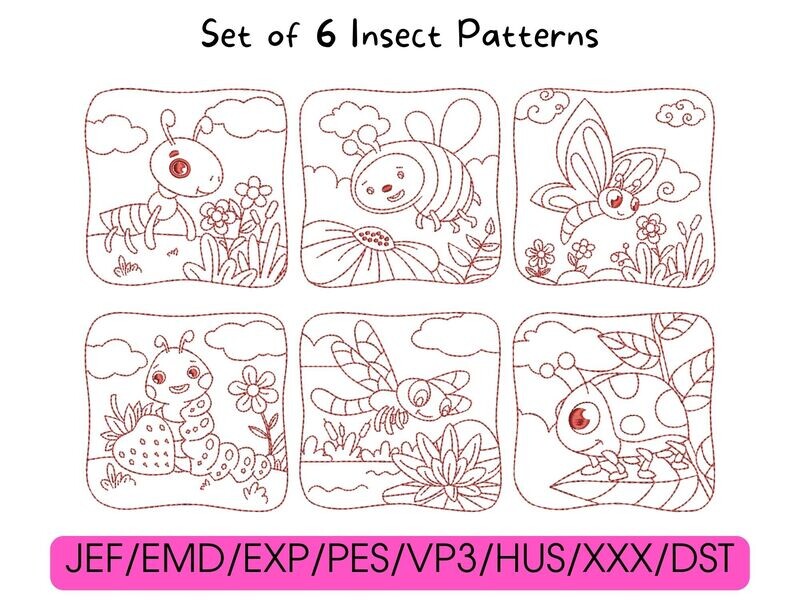 Six red cartoon insect designs arranged in a grid pattern above a list of digital embroidery file formats.