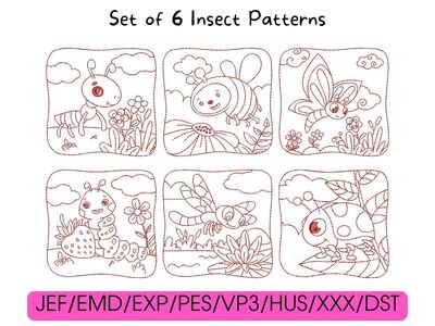 Six red cartoon insect designs arranged in a grid pattern above a list of digital embroidery file formats.