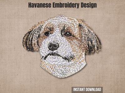 An embroidered Havanese dog head, displayed on a textured beige background with promotional text overlays.