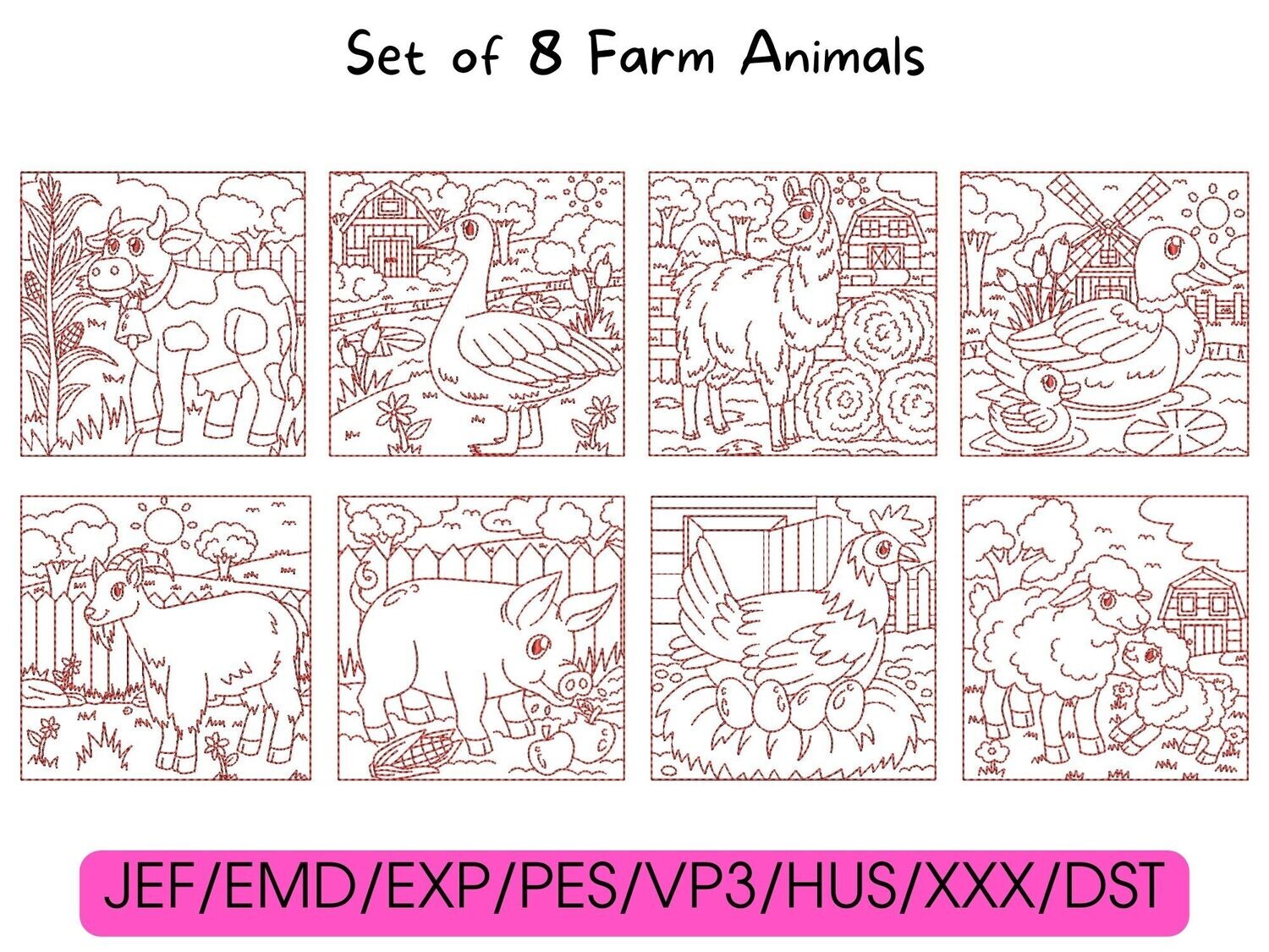 Eight red cartoon farm animal designs arranged in a grid above compatible digital embroidery file formats.