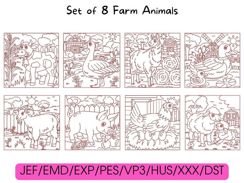 Eight red cartoon farm animal designs arranged in a grid above compatible digital embroidery file formats.
