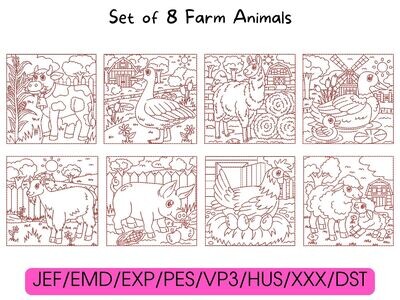 Eight red cartoon farm animal designs arranged in a grid above compatible digital embroidery file formats.