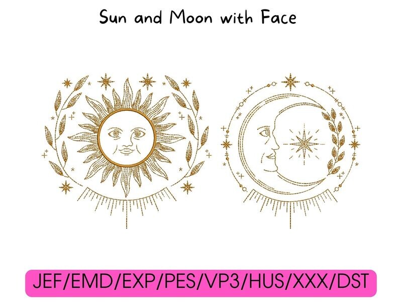 Cover graphic showcasing both the Sun and Moon face embroidery designs with multi-format software compatibility tags