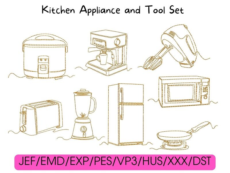 Eight gold line-art kitchen appliance designs arranged in a grid, with compatible digital file formats below.