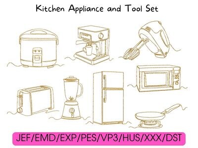 Eight gold line-art kitchen appliance designs arranged in a grid, with compatible digital file formats below.