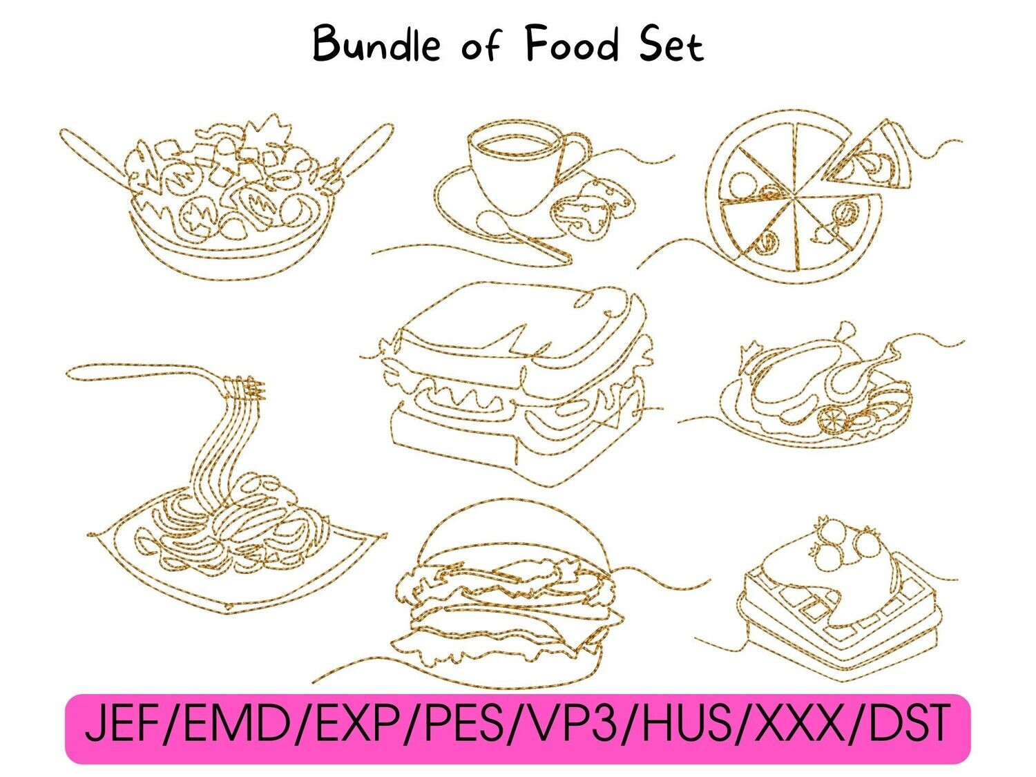 Eight gold line-art food designs arranged in a grid, with compatible digital file formats listed below.