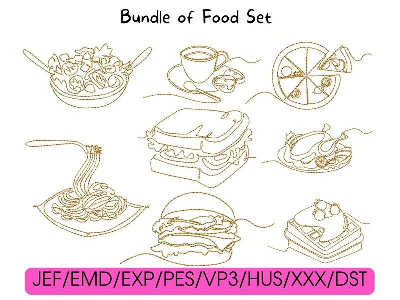 Eight gold line-art food designs arranged in a grid, with compatible digital file formats listed below.